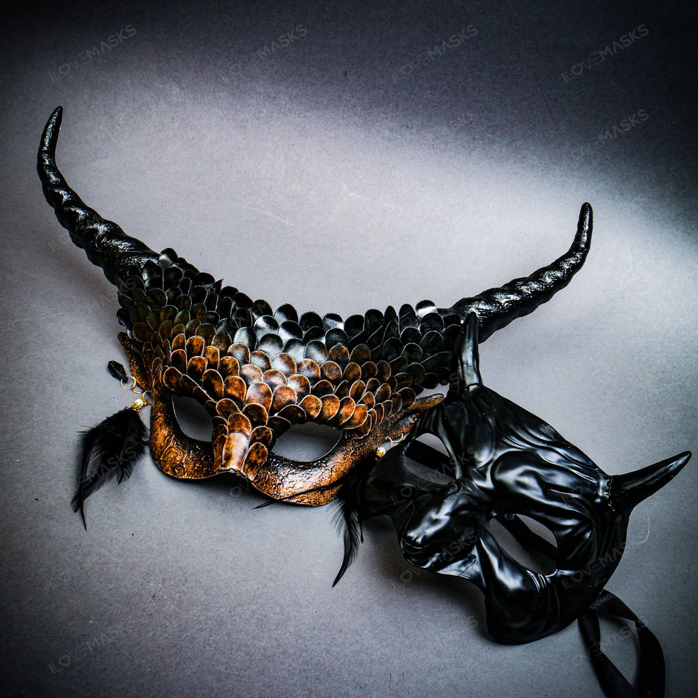 Man Black Demon Eye Mask w/ Long Horns Brown Devil Women Halloween Party Mask